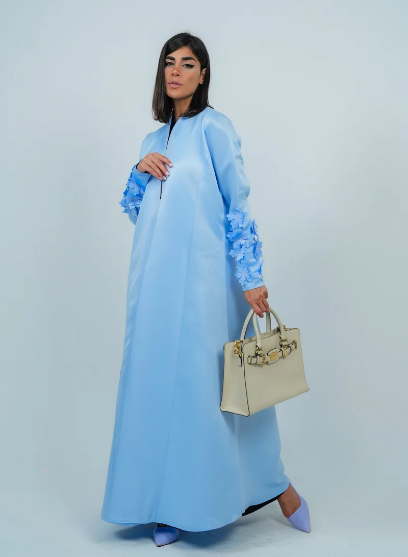 Stylish sky-blue abaya Embroidered with Flowers on sleeves